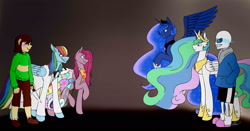 Size: 2085x1096 | Tagged: safe, artist:ggchristian, character:pinkamena diane pie, character:pinkie pie, character:princess celestia, character:princess luna, character:rainbow dash, fanfic:cupcakes, fanfic:rainbow factory, chara, crossover, cutie mark dress, knife, rainbow factory dash, sans (undertale), undertale