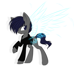 Size: 3500x3200 | Tagged: safe, artist:snowbunny0820, oc, oc only, oc:freedom child, species:earth pony, species:pony, artificial wings, augmented, clothing, hair over one eye, high res, magic, magic wings, male, shirt, solo, stallion, wings