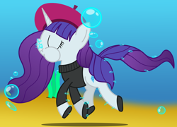 Size: 2500x1800 | Tagged: safe, artist:bladedragoon7575, character:rarity, species:pony, species:unicorn, beatnik rarity, beret, clothing, female, hat, holding breath, mare, shoes, solo, sweater, swimming, underwater