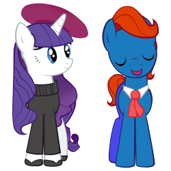 Size: 3009x3000 | Tagged: safe, artist:petraea, character:rarity, oc, oc:lancer, species:earth pony, species:pony, beatnik rarity, beret, clothing, hat, high res, male, necktie, shoes, simple background, stallion, sweater, transparent background, vector
