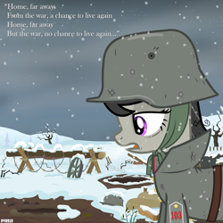 Size: 3000x3000 | Tagged: safe, artist:a4r91n, character:octavia melody, species:earth pony, species:pony, barbed wire, battlefield, clothing, female, german, iron maiden, kriegtavia, paschendale, profile, quote, snow, solo, song reference, stahlhelm, tired, trenchcoat, updated, vector, winter, world war i