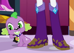 Size: 699x504 | Tagged: safe, artist:thedarkpony, edit, edited screencap, screencap, character:rarity, character:spike, species:dog, equestria girls:equestria girls, g4, my little pony: equestria girls, my little pony:equestria girls, boots, clothing, legs, mud, mud edit, muddy, pictures of legs, shoes, spike the dog