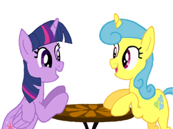 Size: 1024x767 | Tagged: safe, artist:turnaboutart, base used, character:lemon hearts, character:twilight sparkle, character:twilight sparkle (alicorn), species:alicorn, species:pony, species:unicorn, fanfic:twilight sparkle and lemon hearts love life, ship:lemonlight, date, female, lesbian, shipping, table