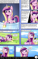 Size: 1040x1600 | Tagged: safe, artist:whitelie, character:pinkamena diane pie, character:pinkie pie, character:princess cadance, comic:party of one:the tragedy of the crystal empire, cloud, comic, crown, crystal empire, glass, jewelry, regalia, sky, translation
