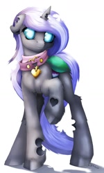 Size: 1024x1706 | Tagged: safe, artist:thatonegib, oc, oc only, oc:little ling, species:changeling, blue eyes, changeling oc, collar, heart necklace, heart shaped holes, jewelry, looking at you, pendant, raised hoof, shadow, signature, simple background, smiling, solo, unshorn fetlocks, white background