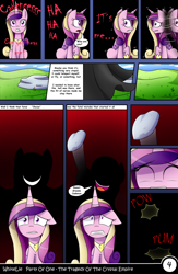 Size: 1040x1600 | Tagged: safe, artist:whitelie, character:pinkamena diane pie, character:pinkie pie, character:princess cadance, comic:party of one:the tragedy of the crystal empire, big smile, comic, glass, rock, scared, translation