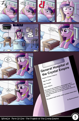 Size: 1040x1600 | Tagged: safe, artist:whitelie, character:princess cadance, comic:party of one:the tragedy of the crystal empire, bandage, bed, blood, comic, curtains, exclamation point, hospital, interrobang, pillow, question mark, screen, sleeping, table, translation, window, zzz