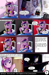Size: 1040x1600 | Tagged: safe, artist:whitelie, character:princess cadance, comic:party of one:the tragedy of the crystal empire, bandage, bed, blood, chair, comic, door, headache, translation