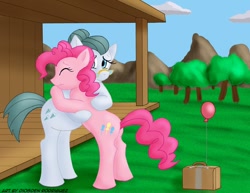 Size: 800x617 | Tagged: safe, artist:digoraccoon, character:cloudy quartz, character:pinkie pie, species:earth pony, species:pony, balloon, duo, duo female, female, hug, mare, mother and child, mother and daughter, smiling, suitcase, veranda