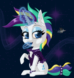 Size: 754x800 | Tagged: safe, artist:unisoleil, character:rarity, species:pony, alternate hairstyle, candy, chibi, female, food, lollipop, magic, punk, punkity, sitting, solo