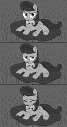 Size: 640x1204 | Tagged: safe, artist:herooftime1000, character:octavia melody, species:earth pony, species:pony, comic, crying, eyes closed, female, grass, mare, monochrome, mud, octavia in the underworld's cello, open mouth, pixel art, sad, solo
