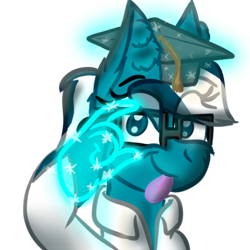 Size: 512x512 | Tagged: safe, artist:hilfigirl, oc, oc only, oc:aescula, species:pony, species:unicorn, clothing, color change, doctor, glasses, hand, hat, lab coat, looking at you, magic, magic hands, nerd, ponytail, simple background, solo, tongue out, transparent background