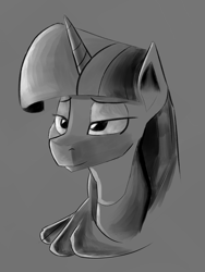 Size: 1200x1600 | Tagged: safe, artist:itsthinking, artist:post-it, character:twilight sparkle, species:pony, bust, female, lidded eyes, monochrome, portrait, simple background, smiling, solo