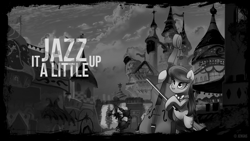 Size: 1920x1080 | Tagged: safe, artist:huussii, artist:jengas, edit, character:blues, character:noteworthy, character:octavia melody, 80s, architecture, canterlot, city, equestria, jazz, monochrome, scenery, wallpaper