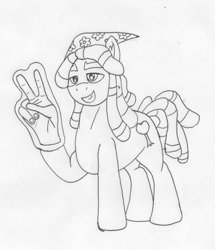 Size: 967x1122 | Tagged: safe, artist:summerium, character:tree hugger, species:earth pony, species:pony, cool, female, foam finger, mare, monochrome, smiling, solo, traditional art