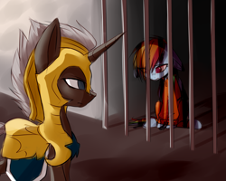 Size: 3313x2652 | Tagged: safe, artist:snowbunny0820, character:rainbow dash, species:pony, abuse, cell, chains, clothing, cuffs, dashabuse, high res, prison outfit, prisoner, prisoner rd, royal guard, shackles, sitting