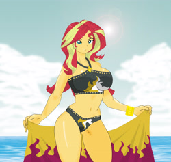 Size: 3828x3628 | Tagged: safe, artist:chuyryu, character:sunset shimmer, equestria girls:forgotten friendship, g4, my little pony: equestria girls, my little pony:equestria girls, belly button, black swimsuit, breasts, busty sunset shimmer, clothing, cutie mark swimsuit, female, jeweled swimsuit, solo, swimsuit