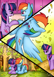 Size: 2480x3507 | Tagged: safe, artist:twidasher, character:rainbow dash, character:twilight sparkle, ship:twidash, autumn, blushing, book, female, flying, forest, hug, leaves, lesbian, shipping, tree, winghug