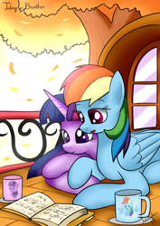 Size: 2480x3507 | Tagged: safe, artist:twidasher, character:rainbow dash, character:twilight sparkle, ship:twidash, book, female, golden oaks library, leaves, lesbian, mug, reading, shipping