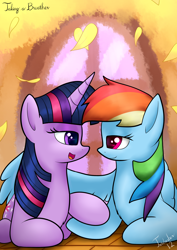 Size: 2480x3507 | Tagged: safe, artist:twidasher, character:rainbow dash, character:twilight sparkle, ship:twidash, autumn, female, golden oaks library, hug, leaves, lesbian, looking at each other, shipping, window, winghug