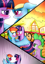 Size: 2480x3507 | Tagged: safe, artist:twidasher, character:rainbow dash, character:spike, character:twilight sparkle, ship:twidash, autumn, blushing, female, golden oaks library, hug, leaves, lesbian, looking at each other, ponyville, shipping, winghug
