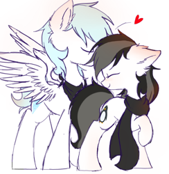 Size: 1364x1400 | Tagged: safe, artist:heddopen, oc, oc:diamond frost, oc:noot, species:earth pony, species:pegasus, species:pony, clothing, dianoot, ear fluff, eyes closed, female, forehead kiss, heart, male, mare, oc x oc, scarf, shipping, simple background, smiling, spread wings, stallion, straight, white background, wings