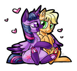 Size: 588x543 | Tagged: safe, artist:sallindaemon, character:applejack, character:twilight sparkle, character:twilight sparkle (alicorn), species:alicorn, species:earth pony, species:pony, ship:twijack, alternate design, coat markings, colored wings, female, freckles, lesbian, lidded eyes, missing accessory, multicolored wings, shipping, simple background, smiling, transparent background, underhoof