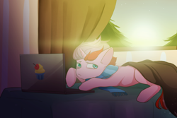 Size: 1500x1000 | Tagged: safe, artist:detectiveneko, oc, oc:cherry swirl, species:pony, bed, bedroom, clothing, computer, laptop computer, male, morning, morning ponies, scarf, solo, stallion, ych result