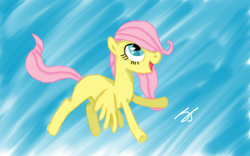 Size: 1280x800 | Tagged: safe, artist:perplexedpegasus, character:fluttershy, species:pegasus, species:pony, amazed, blank flank, female, filly, filly fluttershy, flying, hair over one eye, looking up, open mouth, smiling, solo, spread wings, wings, younger