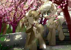 Size: 2000x1400 | Tagged: safe, artist:heddopen, oc, oc only, oc:diamond frost, oc:noot, species:earth pony, species:pegasus, species:pony, cherry blossoms, clothing, dianoot, ear fluff, female, flower, flower blossom, jewel, looking back, male, mare, oc x oc, scarf, shipping, stallion, tree, walking, wings