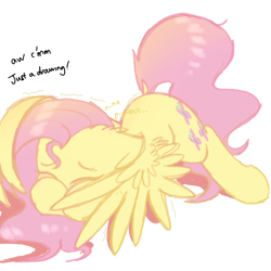 Size: 1000x1000 | Tagged: safe, artist:heddopen, character:fluttershy, species:pegasus, species:pony, adorable distress, covering, covering face, cute, dialogue, female, floppy ears, mare, prone, shaking, shy, shyabetes, simple background, solo, spread wings, stray strand, wings