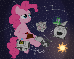 Size: 2500x2000 | Tagged: dead source, safe, artist:zutheskunk traces, character:gummy, character:pinkie pie, species:earth pony, species:pony, big dipper, cake, companion cube, constellation, crocodile, crossover, dialogue, duo, english, female, food, heart, high res, mare, paint.net, personality core, portal (valve), portal gun, robot, space, space core, space suit, sun, wheatley