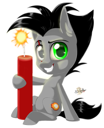 Size: 651x800 | Tagged: safe, artist:unisoleil, oc, oc:gitzo, species:earth pony, species:pony, chibi, dynamite, explosives, eye scar, grin, heterochromia, hoof hold, male, scar, simple background, smiling, solo, stallion, this will end in death, transparent background