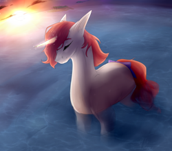 Size: 6000x5291 | Tagged: safe, artist:lastaimin, oc, species:pony, species:unicorn, absurd resolution, eyes closed, solo, sunset, water