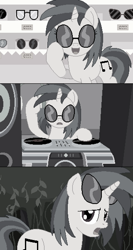 Size: 640x1206 | Tagged: safe, artist:herooftime1000, character:dj pon-3, character:vinyl scratch, dj booth, forest, glasses, monochrome, octavia in the underworld's cello, pixel art
