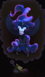 Size: 698x1200 | Tagged: safe, artist:cannibalus, artist:gor1ck, character:princess luna, oc, species:alicorn, species:anthro, species:unguligrade anthro, bed, birthday gift, black background, clothing, collaboration, dream, dream walker luna, female, gift art, holding head, mare, simple background, sleeping, spread wings, wings