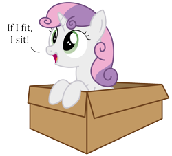 Size: 1621x1470 | Tagged: safe, artist:bladedragoon7575, character:sweetie belle, species:pony, species:unicorn, behaving like a cat, box, cardboard box, cute, diasweetes, female, filly, if i fits i sits, pony in a box, simple background, transparent background