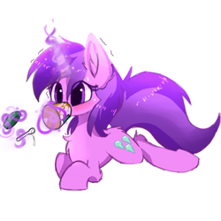 Size: 1000x1000 | Tagged: safe, artist:heddopen, character:amethyst star, character:sparkler, species:pony, species:unicorn, blushing, chest fluff, cute, ear fluff, female, fluffy, food, glowing horn, horse problems, leg fluff, levitation, magic, mare, peanut butter, prone, shaking, shivering, simple background, solo, stuck, sweat, sweatdrop, telekinesis, that pony sure loves peanut butter, white background