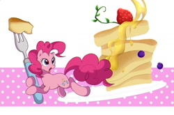 Size: 1200x790 | Tagged: safe, artist:potetecyu_to, character:pinkie pie, species:earth pony, species:pony, blueberry, female, food, fork, mare, micro, pancakes, solo, strawberry, syrup, tiny, tiny ponies