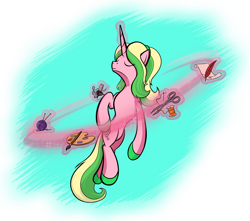 Size: 1400x1240 | Tagged: safe, artist:sirvalter, oc, oc only, species:pony, species:unicorn, brush, feather, female, knitting needles, magic, mare, microphone, palette, scissors, scroll, simple background, solo, telekinesis, thread, transparent background