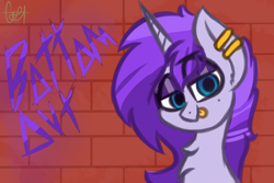 Size: 1500x1000 | Tagged: safe, artist:claudearts, oc, oc:bottom out, species:pony, species:unicorn, bedroom eyes, blep, brick wall, chest fluff, ear piercing, earring, eyeshadow, fluffy, graffiti, jewelry, makeup, mole, piercing, silly, solo, tongue out