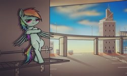 Size: 1800x1080 | Tagged: safe, artist:phoenixrk49, character:rainbow dash, species:pegasus, species:pony, bipedal, city, female, looking at you, mailbox, mare, parking lot, smiling, solo, standing