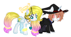 Size: 1600x841 | Tagged: safe, artist:angellightyt, artist:snowbunny0820, oc, oc only, oc:angel light, oc:moses, species:pegasus, species:pony, species:unicorn, clothing, female, halo, hat, male, mare, simple background, stallion, transparent background, wizard hat