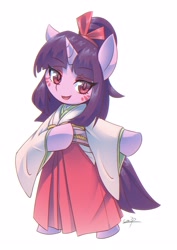 Size: 2894x4093 | Tagged: safe, artist:coma392, oc, oc only, species:pony, species:unicorn, clothing, female, kimono (clothing), looking at you, makeup, mare, miko, simple background, solo, white background