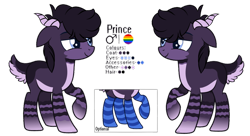 Size: 1024x557 | Tagged: safe, artist:venomns, oc, oc only, oc:prince, species:earth pony, species:pony, clothing, deer tail, horns, male, reference sheet, simple background, socks, solo, stallion, striped socks, transparent background