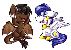 Size: 307x216 | Tagged: safe, artist:jetjetj, oc, oc only, oc:onyx quill, oc:swift seraphic, species:dracony, species:kirin, species:pegasus, species:pony, body armor, chibi, claws, cute, hybrid, pixel art, simple background, swyx, tongue out, transparent background, wings