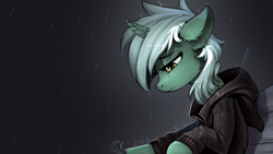 Size: 1920x1080 | Tagged: safe, artist:ramiras, edit, character:lyra heartstrings, species:pony, species:unicorn, fanfic:background pony, bench, clothing, depressed, dig the swell hoodie, emo, emo lyra, female, hoodie, mare, rain, sad, solo, wallpaper, wallpaper edit