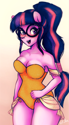Size: 3145x5663 | Tagged: safe, artist:vetallie, character:twilight sparkle, character:twilight sparkle (scitwi), species:eqg human, species:human, my little pony:equestria girls, clothing, female, glasses, human female, one-piece swimsuit, ponied up, solo, swimsuit, wingless