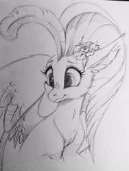 Size: 2448x3264 | Tagged: safe, artist:faline-art, character:princess skystar, species:classical hippogriff, species:hippogriff, g4, my little pony: the movie (2017), cute, female, flower, flower in hair, freckles, grayscale, heart eyes, monochrome, pencil drawing, simple background, skyabetes, smiling, solo, traditional art, white background, wingding eyes, wings