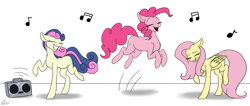 Size: 4810x2038 | Tagged: safe, artist:ggchristian, character:bon bon, character:fluttershy, character:pinkie pie, character:sweetie drops, species:pony, andrea libman, dancing, high res, pronking, radio